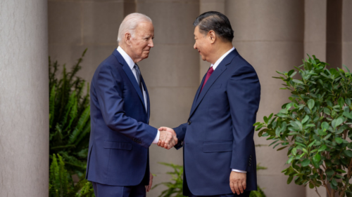 President Joe Biden and President Xi Jinping shaking hands at APEC